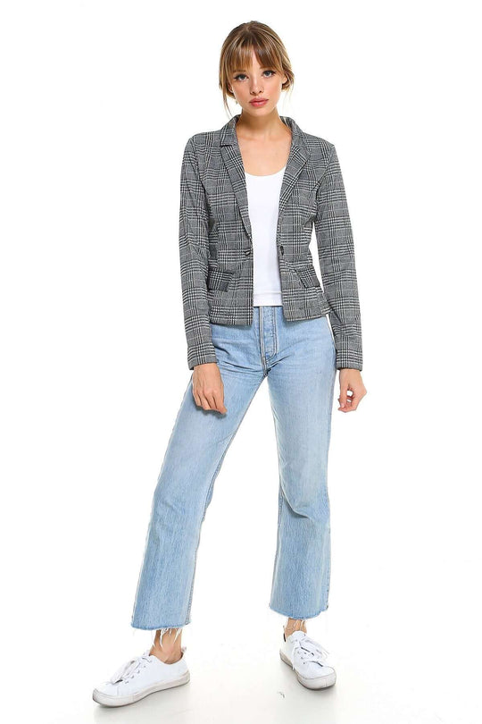 Women’s Plaid Blazer Classic Fitted Tailored Jacket worn with a white top and jeans, showcasing modern style.