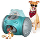 Teal and gray Interactive Dog Toy with treats spilling out, next to a dog wearing sunglasses and a bandana.