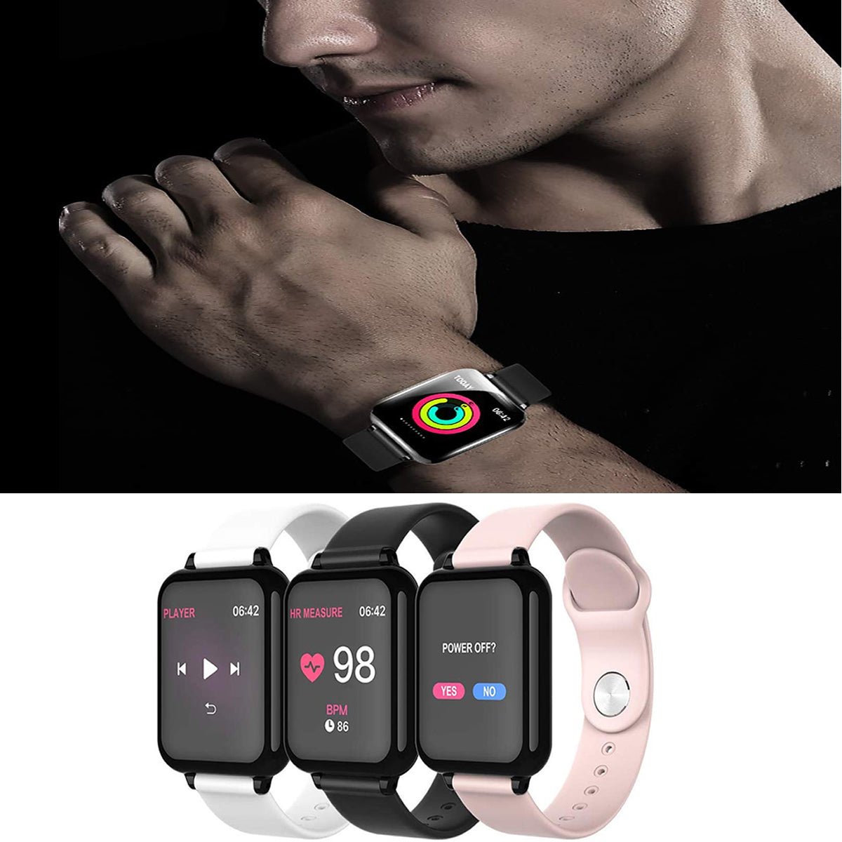 Multi - color Smart Fit watches in black, pink, and white