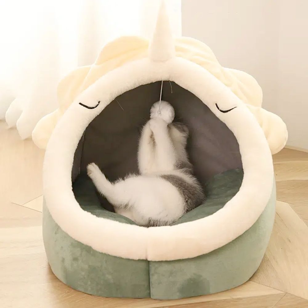 Cat lying inside a green pet bed with white rim on a wooden floor.