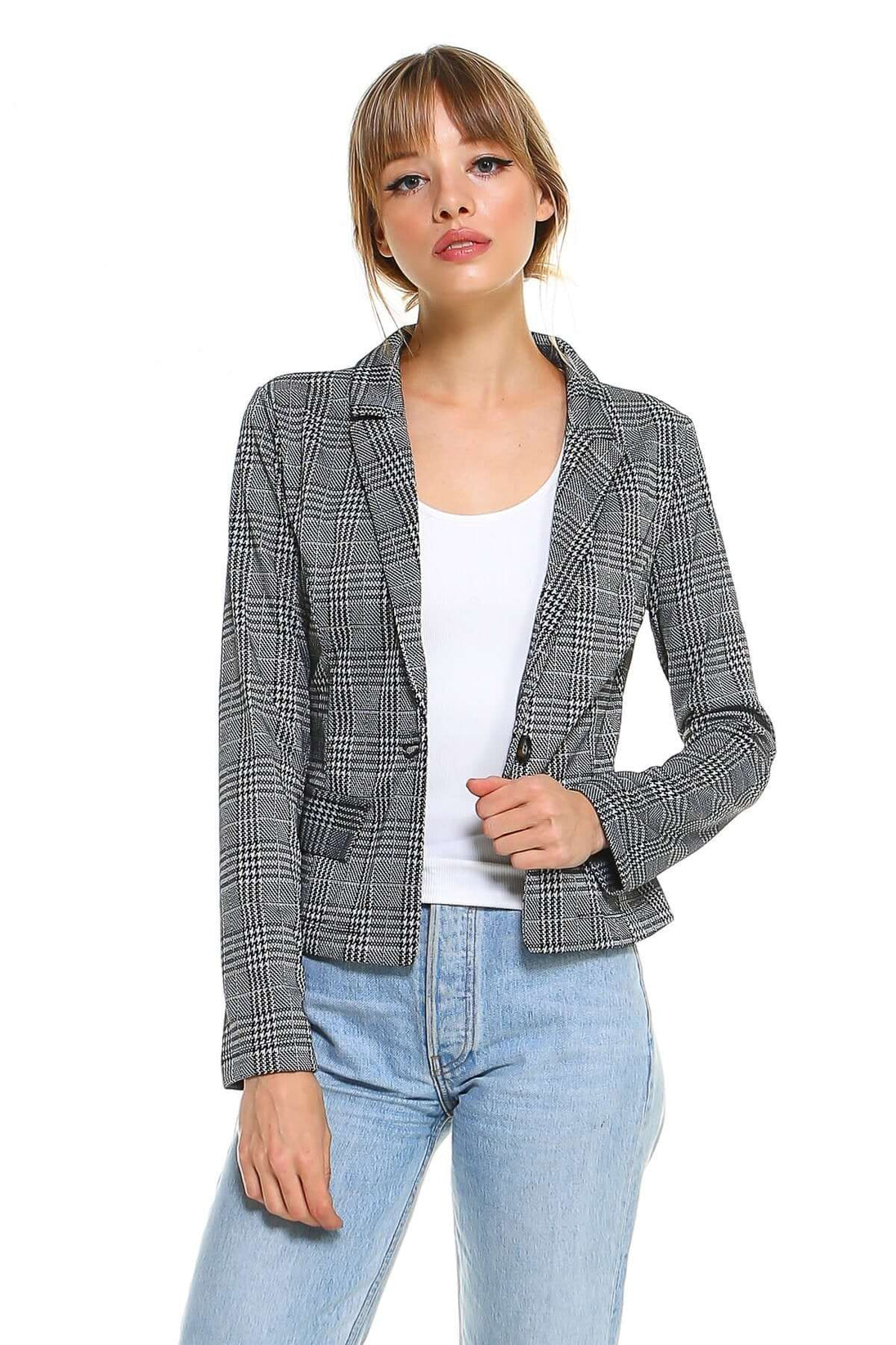 Women’s Plaid Blazer Classic Fitted Tailored Jacket worn with a white top and light blue jeans, showcasing a stylish outfit.