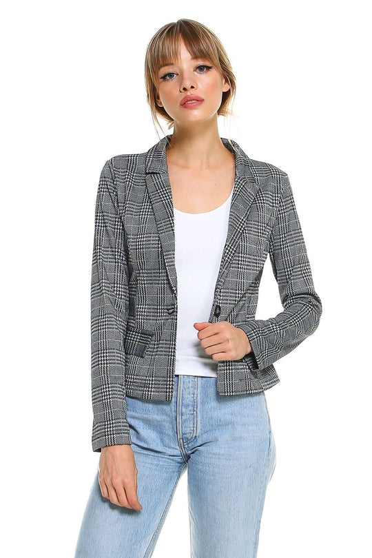 Women’s Plaid Blazer Classic Fitted Tailored Jacket worn with a white top and light blue jeans, showcasing a stylish outfit.