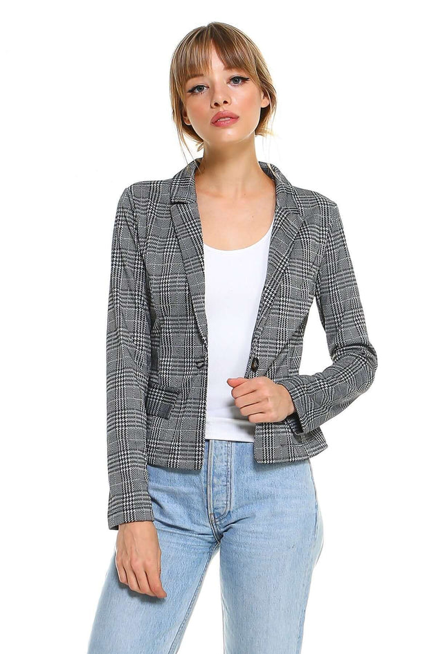 Women’s Plaid Blazer Classic Fitted Tailored Jacket worn with a white top and light blue jeans, showcasing a stylish outfit.