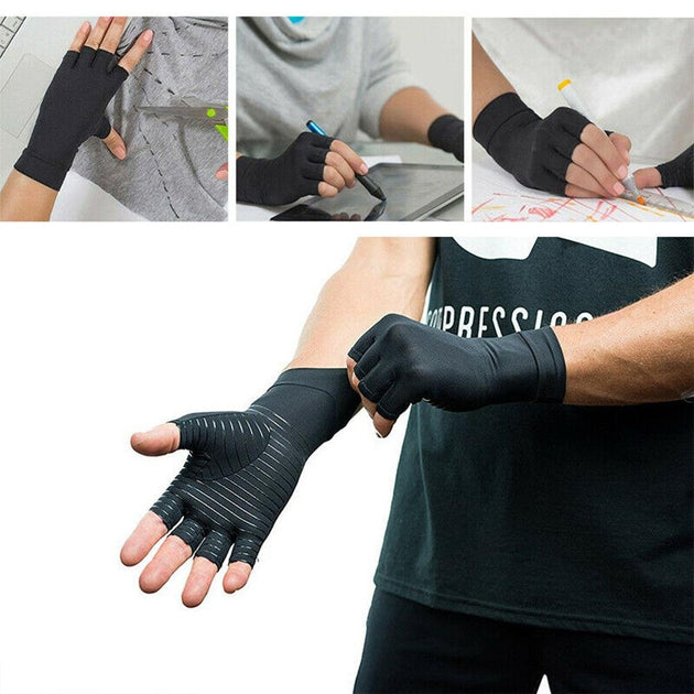 Hand wearing compression gloves for improved circulation
