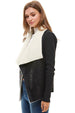 Side view of soft sherpa fabric and drape collar detail on women’s jacket.