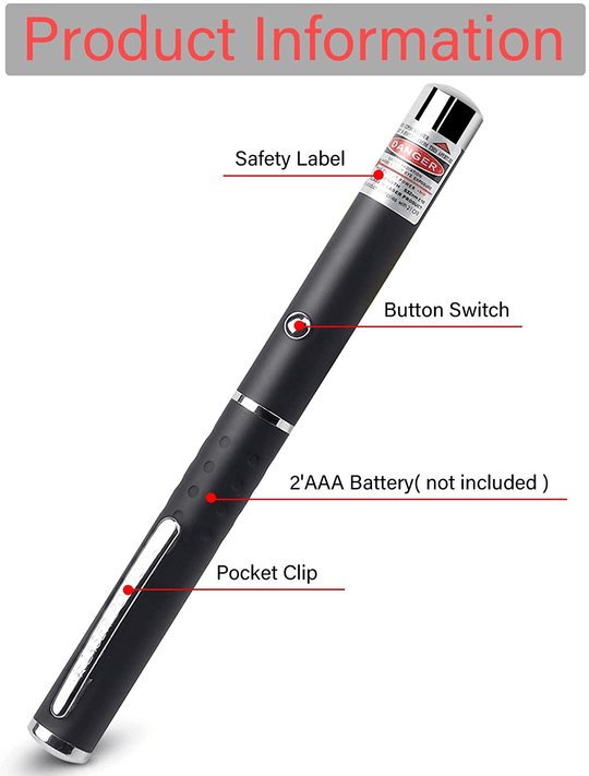 Cat Laser Pointer product details showing safety label, button switch, battery slot, and pocket clip.