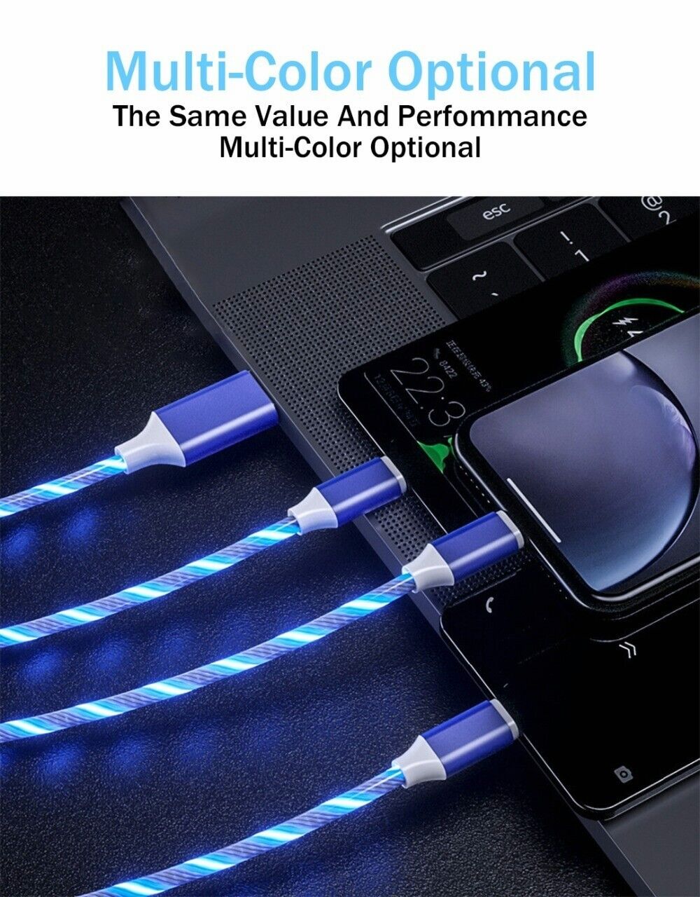 Bright glowing USB charging cord with Lightning, USB - C, and Micro connectors