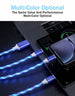 Bright glowing USB charging cord with Lightning, USB - C, and Micro connectors