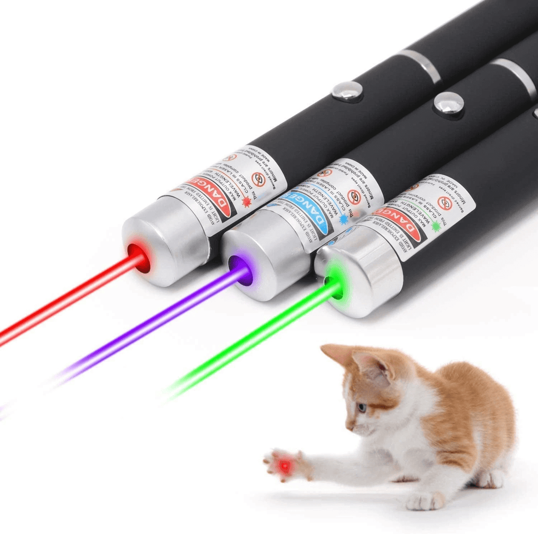 Cat Laser Pointer with cat playing, showcasing red, green, and blue beams for versatile use.