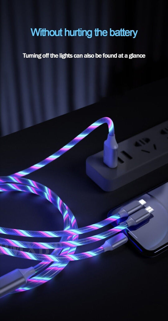 3 in 1 LED Fast Charging Cable Adapter with glowing colorful lights