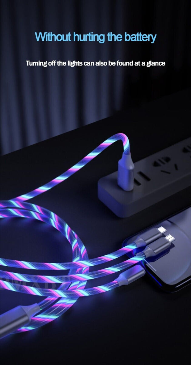 3 in 1 LED Fast Charging Cable Adapter with glowing colorful lights