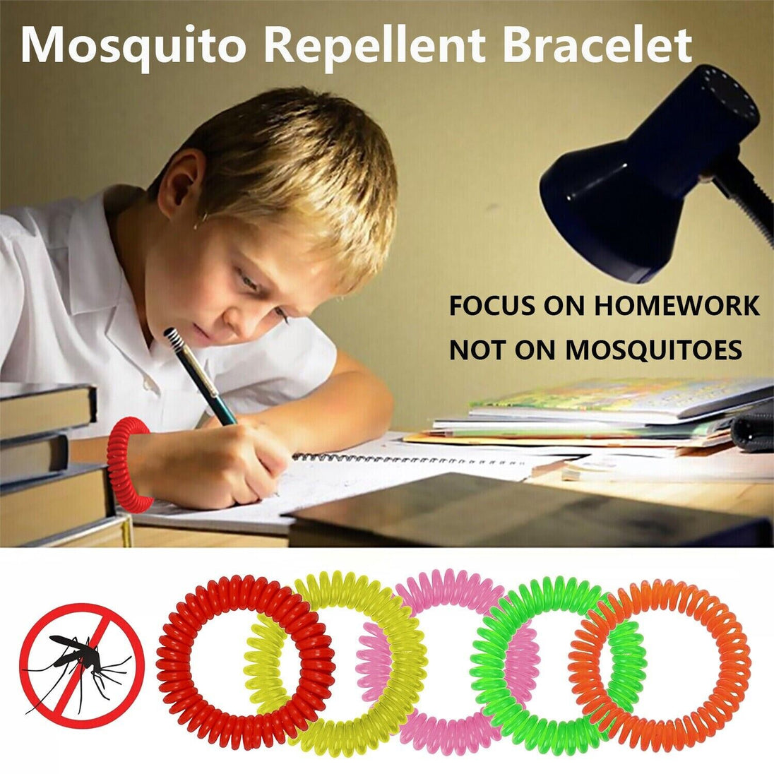 Child wearing colorful mosquito repellent wristband while doing homework