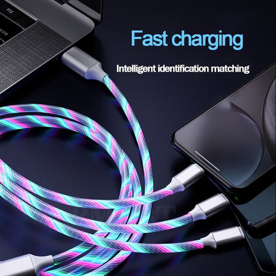 3 in 1 LED Fast Charging Cable Adapter with glowing colorful light