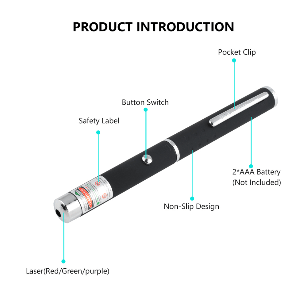 Cat Laser Pointer features, including button switch and pocket clip.