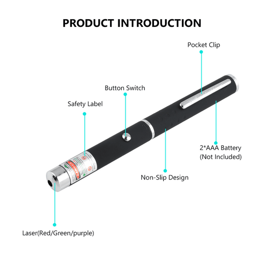 Cat Laser Pointer features, including button switch and pocket clip.