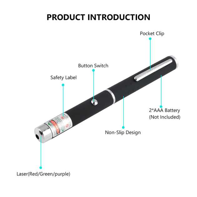 Cat Laser Pointer features, including button switch and pocket clip.