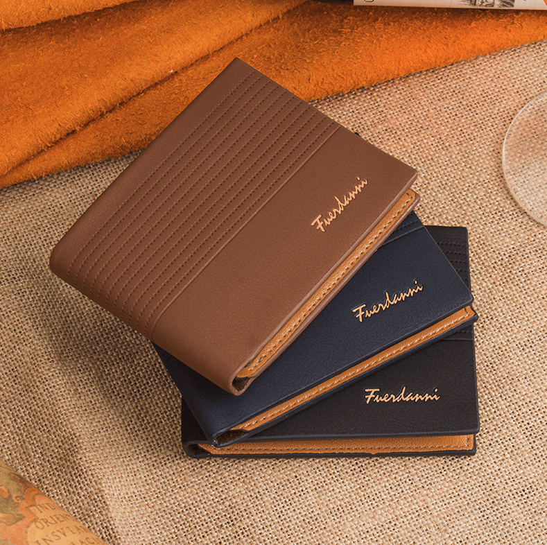 Men’s leather bifold wallet in brown, slim design with credit card and ID card holder slots