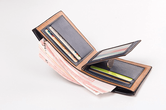 Interior view of men’s leather bifold wallet showing multiple card slots and a clear ID window