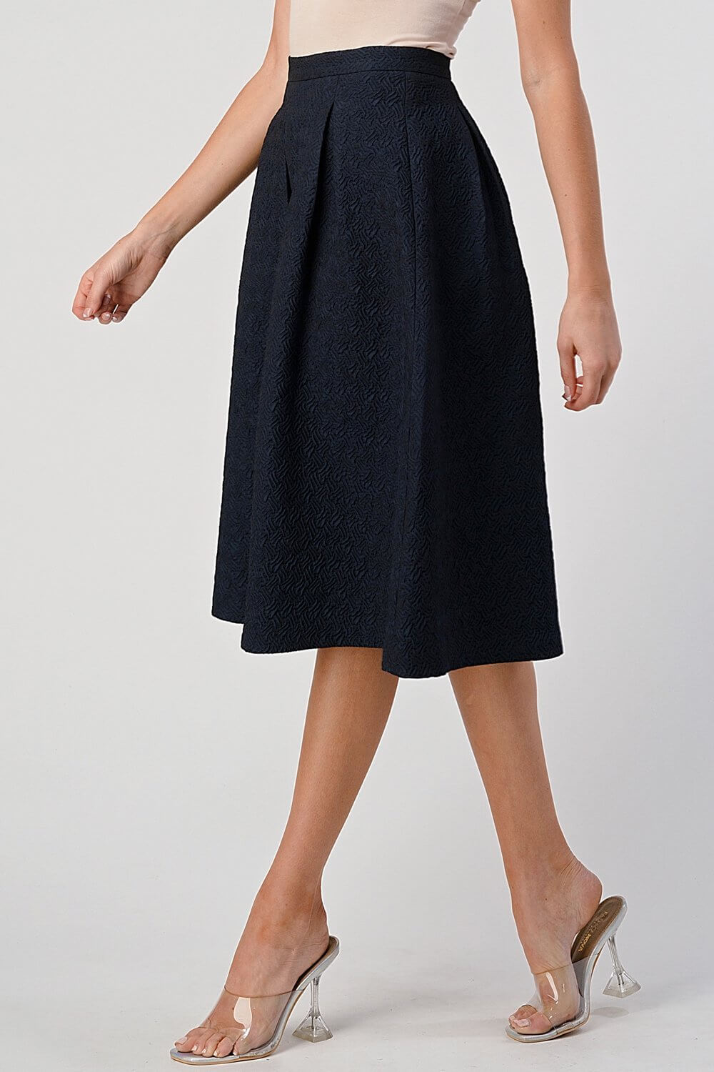 Pleated A-Line Midi Skirt – Pleated Textured Everyday Elegance in navy, showcasing soft pleats and a flattering high-waisted design.