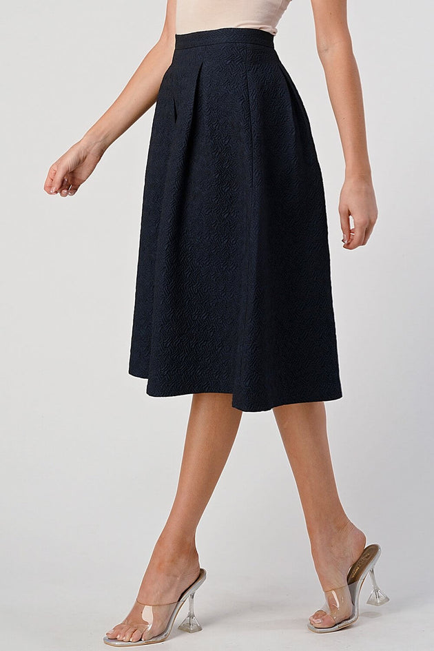 Pleated A-Line Midi Skirt – Pleated Textured Everyday Elegance in navy, showcasing soft pleats and a flattering high-waisted design.