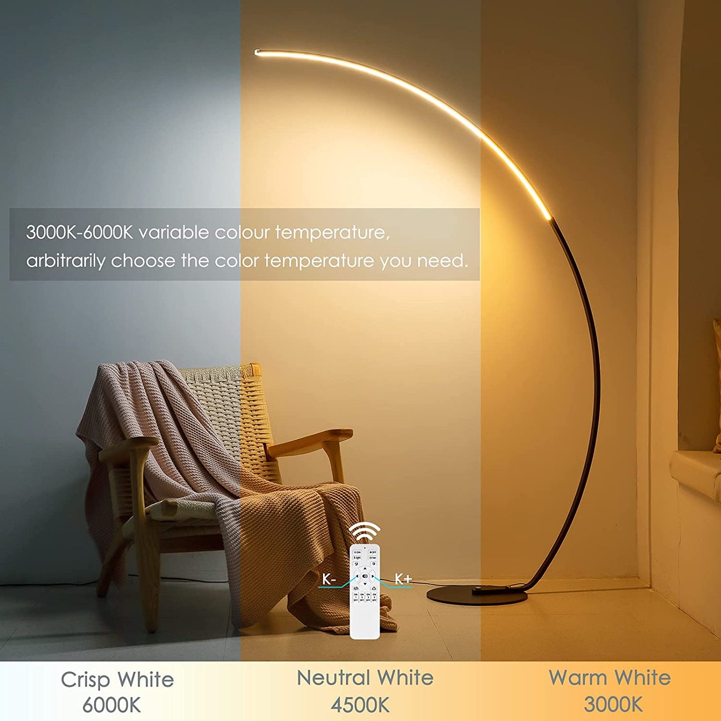 Modern curved LED floor lamp emitting warm white light for cozy home ambiance
