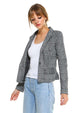 Women’s Plaid Blazer Classic Fitted Tailored Jacket worn stylishly with a white top and jeans.