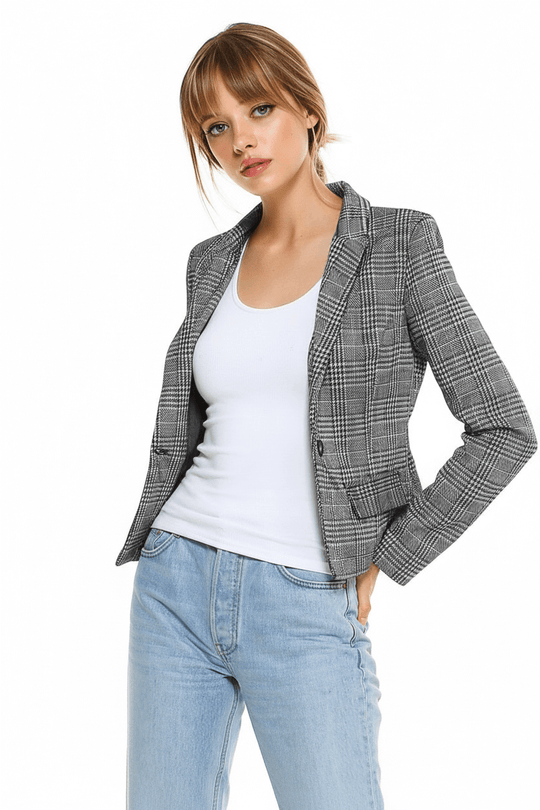 Women’s Plaid Blazer Classic Fitted Tailored Jacket worn over a white top with blue jeans.