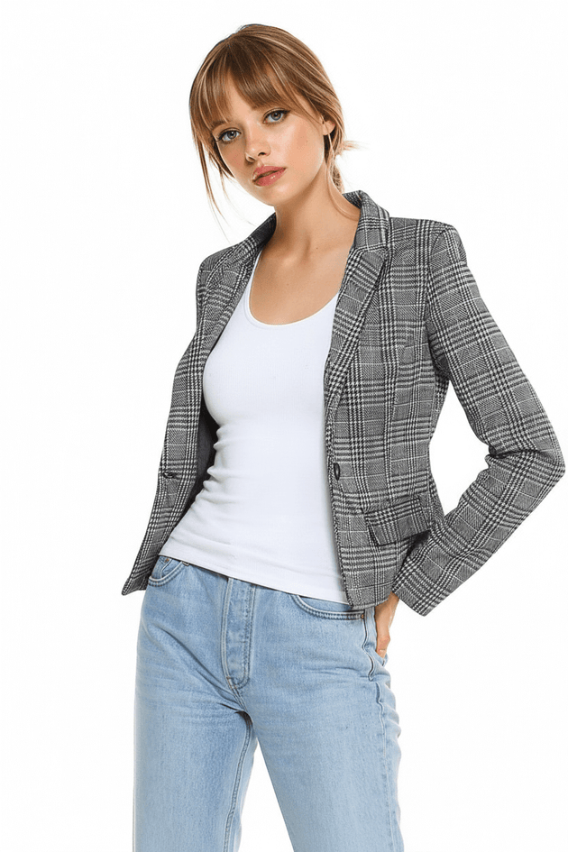 Women’s Plaid Blazer Classic Fitted Tailored Jacket worn over a white top with blue jeans.