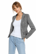 Women’s Plaid Blazer Classic Fitted Tailored Jacket worn over a white top with blue jeans.