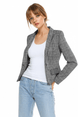 Women’s Plaid Blazer Classic Fitted Tailored Jacket worn over a white top with blue jeans.