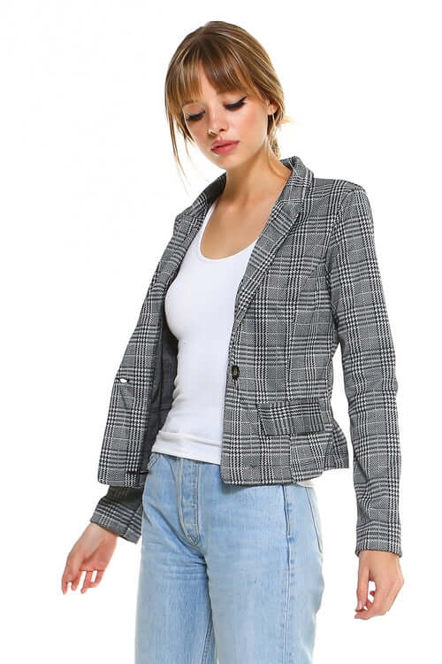 Women’s Plaid Blazer Classic Fitted Tailored Jacket on a model with jeans and a white top.