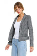Women’s Plaid Blazer Classic Fitted Tailored Jacket on a model with jeans and a white top.
