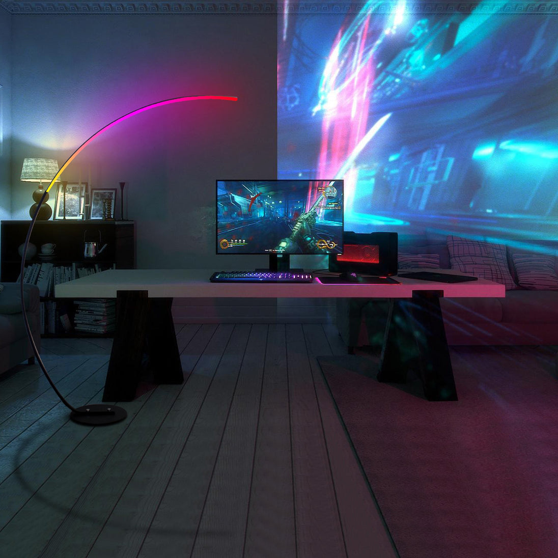 RGB corner floor lamp creating immersive lighting for gaming room setup