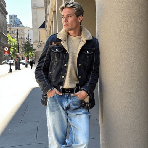 Man wearing a denim jacket with a shearling lining, beige sweater, and light blue jeans standing against a wall on a city street.
