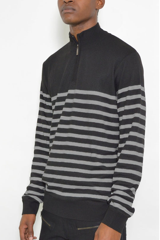 Side view of men’s striped quarter zip knit pullover