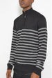 Side view of men’s striped quarter zip knit pullover