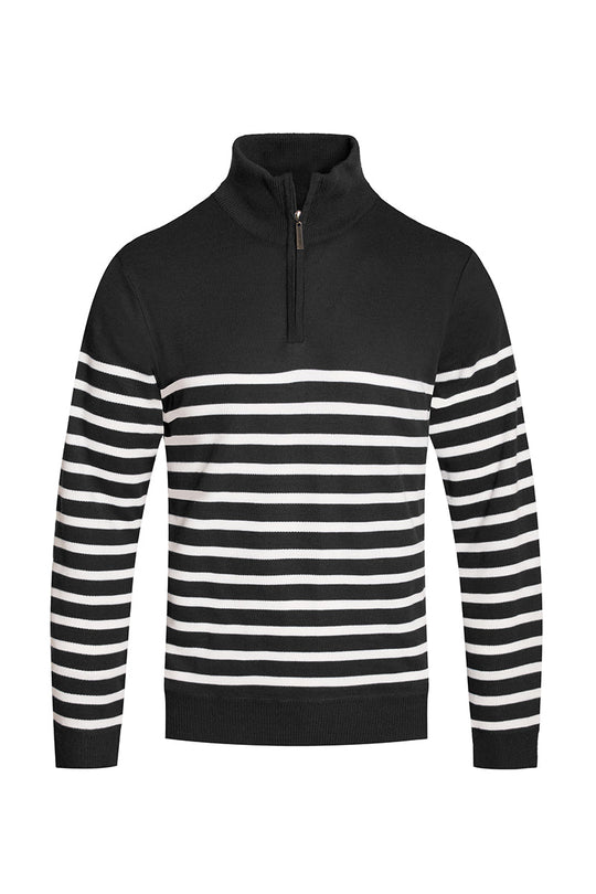 Close - up of striped pattern on men’s quarter zip knit sweater black
