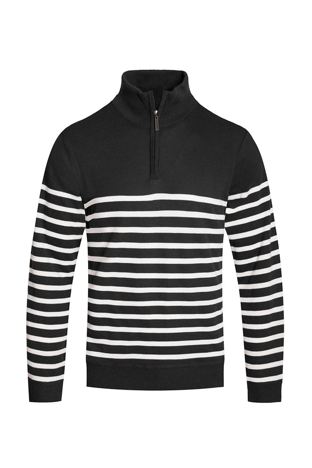 Close - up of striped pattern on men’s quarter zip knit sweater black