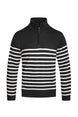 Close - up of striped pattern on men’s quarter zip knit sweater black