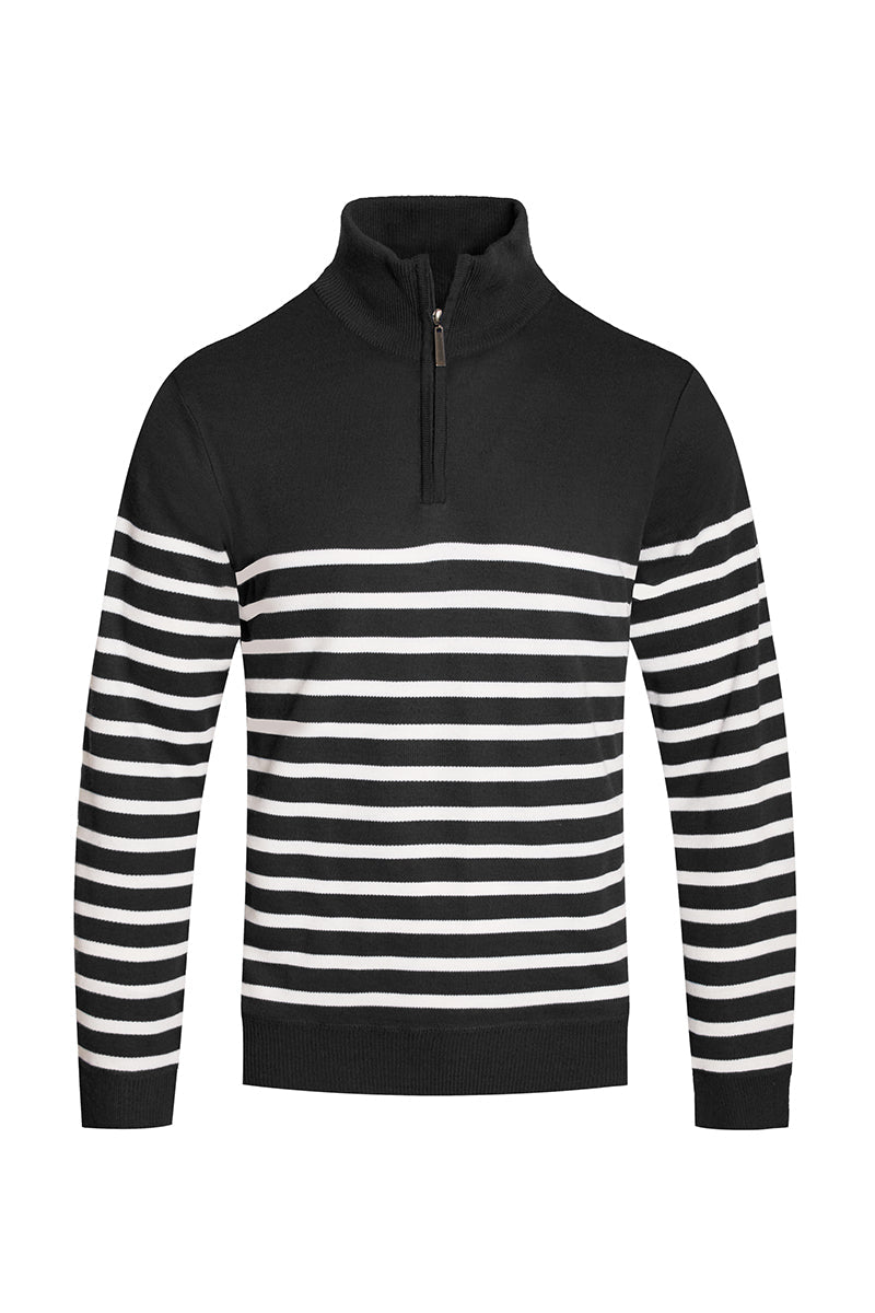 Close - up of striped pattern on men’s quarter zip knit sweater black
