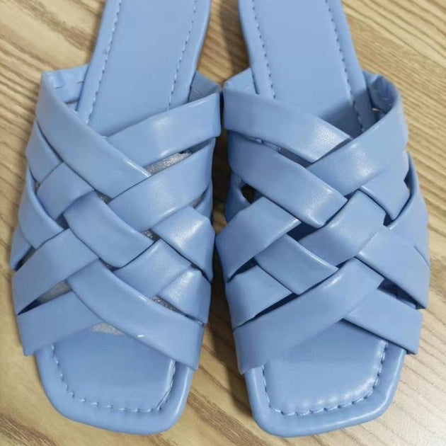 Women’s Summer Leather Flat Beach Slides Blue Detail View