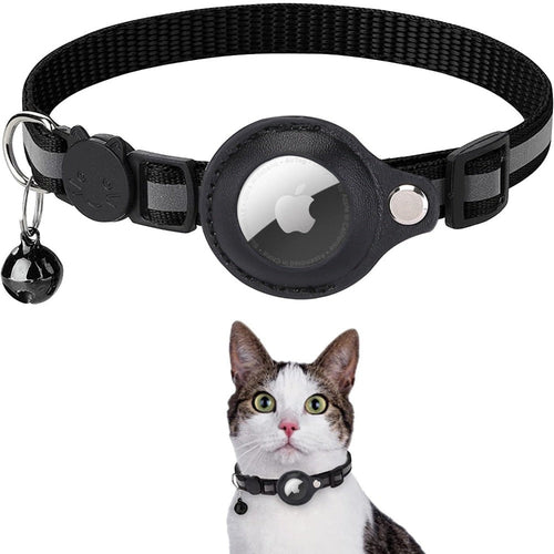 Black Reflective AirTag Pet Collar with a bell and Apple logo on a white background