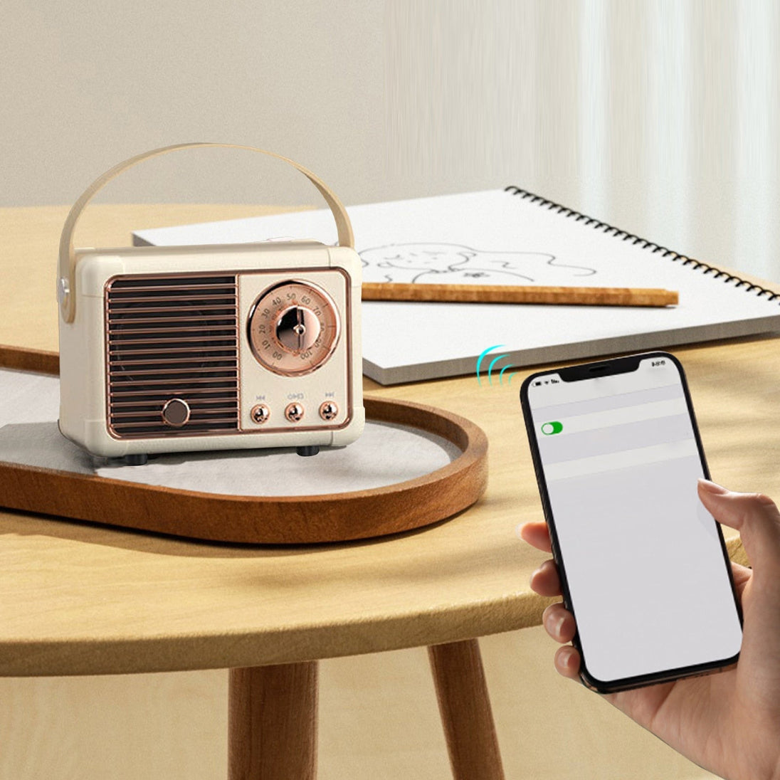 Portable retro wireless speaker with classic design color white