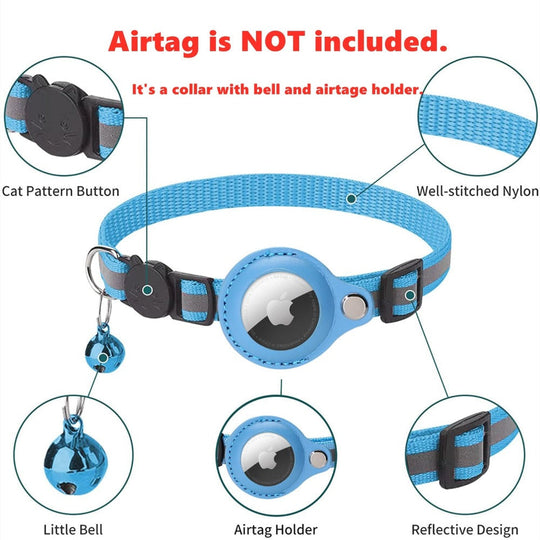 Blue Reflective AirTag Pet Collar with bell and airtage holder, highlighting features like cat pattern button, well-stitched nylon, little bell, airtage holder, and reflective design.