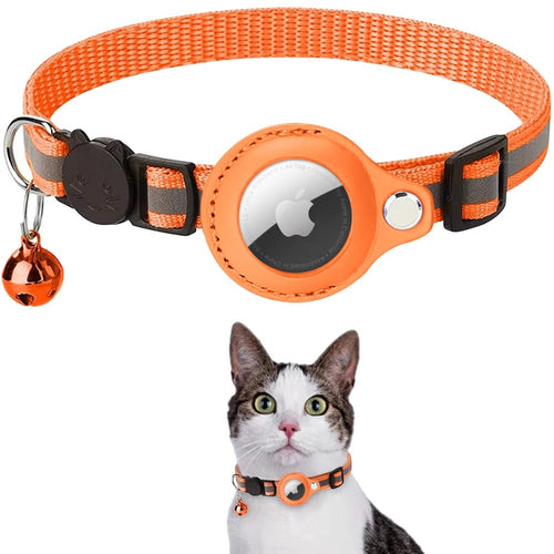Orange Reflective AirTag Pet Collar with a bell and reflective material, worn by a cat on a white background