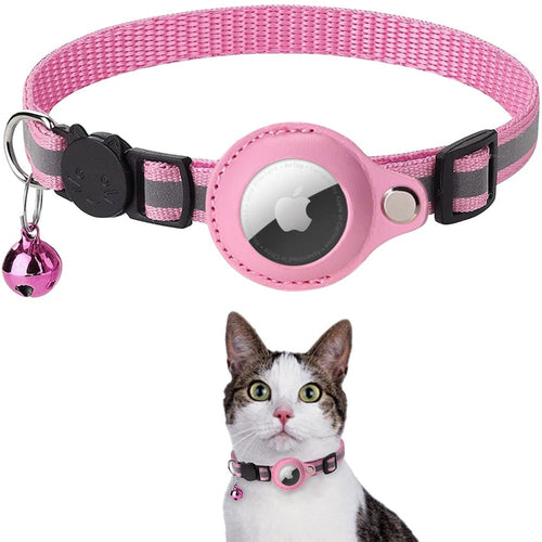 Pink Reflective AirTag Pet Collar with a bell and a small round device, worn by a cat.