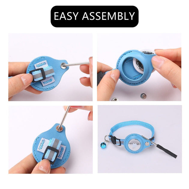 Step-by-step assembly of a Reflective AirTag Pet Collar on a white background.