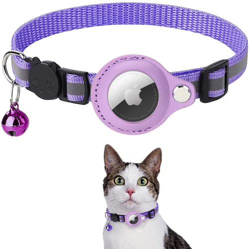 Purple Reflective AirTag Pet Collar with a bell and a device on a white background, featuring a cat wearing the collar.