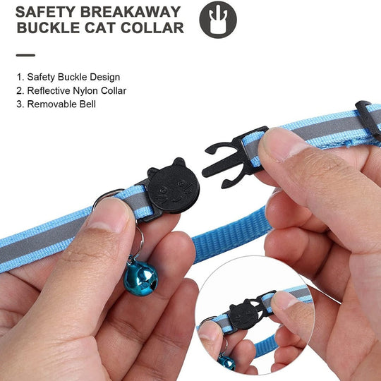 Safety breakaway buckle Reflective AirTag Pet Collar with reflective nylon and removable bell, held by hands.