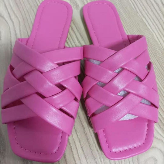 Women’s Summer Leather Flat Beach Slides Pink Detail View